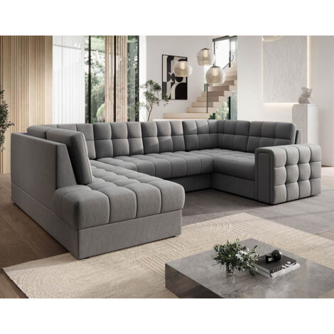 Bestmobilier – Canapé panoramique d'angle droit 7 places convertible – Coffre de rangement – Velours gris clair – Couchage occasionnel – Style contemporain (1/5)