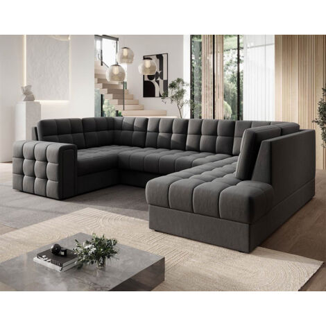 Bestmobilier – Canapé panoramique convertible 7 places avec coffre en velours – Angle gauche – Couchage occasionnel – Style contemporain – Gris (1/5)