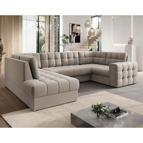Bestmobilier – Canapé panoramique d'angle droit 7 places convertible avec coffre en velours – Couchage occasionnel – Style contemporain – Beige (1/5)