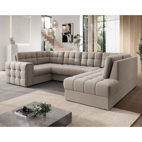 Bestmobilier – Canapé panoramique convertible 7 places avec coffre en velours – Angle gauche – Dimensions 299x198cm – Style contemporain – Beige (1/5)