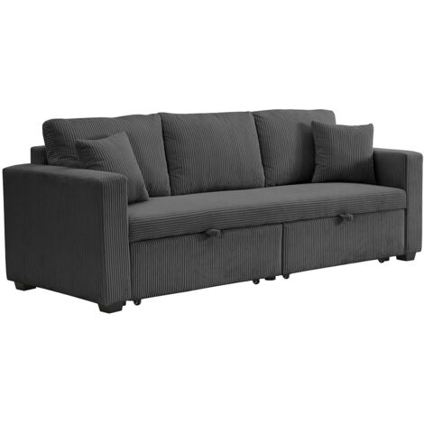 Bestmobilier – Canapé droit 3 places convertible en velours côtelé – Couchage occasionnel 194x113 cm – Style contemporain – Gris foncé