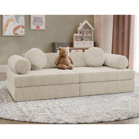 Bestmobilier – Canapé droit 2 places en velours côtelé beige – Compact et modulable – Coussins déhoussables – Confort optimal pour enfants (1/5)