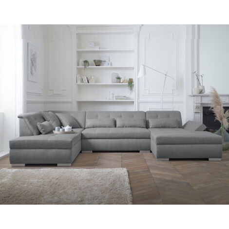 Lisa Design – Canapé d'angle panoramique 7 places – Structure en bois – Assise mousse polyuréthane 30kg/m3 – Accoudoirs réglables – Gris clair (1/5)