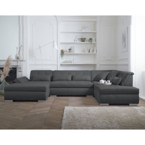 Lisa Design – Canapé d'angle panoramique 7 places – Tissu 100% polyester – Structure en bois de bouleau et pin – Accoudoirs réglables – Gris foncé