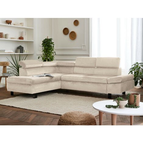 Lisa Design – Canapé d'angle convertible en velours 5 places – Têtières réglables – Couchage 185x121 cm – Structure bois massif – Accoudoirs ajustables (1/5)