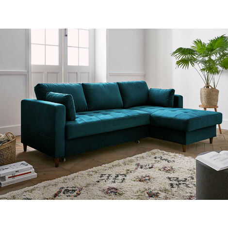 Lisa Design – Canapé d'angle convertible 4 places – Coffre de rangement – Revêtement velours 100 % polyester – Dimensions L222xH85xP148 cm – Bleu canard (1/5)