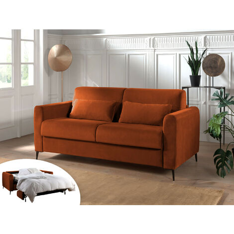 Lisa Design – Canapé convertible 3 places express – Couchage quotidien 140x190 cm – Matelas 12 cm en mousse – Revêtement velours rouille (1/5)