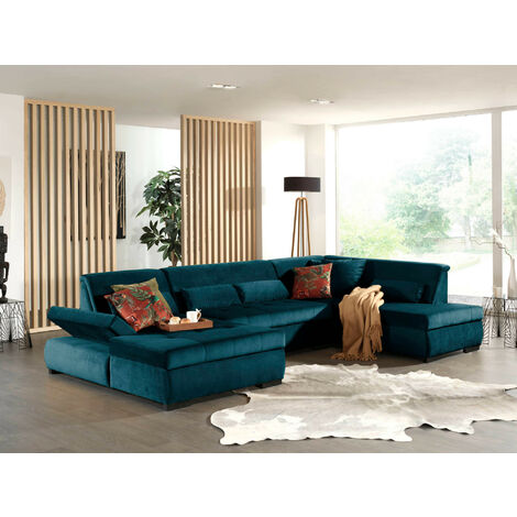 Lisa Design – Canapé panoramique d'angle droit 7 places – Largeur 3,35m – Revêtement velours 100% polyester – Accoudoirs réglables – Coussins inclus