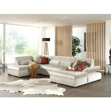 Lisa Design – Canapé panoramique d'angle gauche 7 places – XXL 335 cm en velours 100% polyester – Accoudoirs réglables – Confort optimal