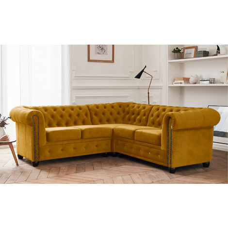 William - canapé chesterfield d'angle réversible - 5 places - en velours - jaune (1/5)