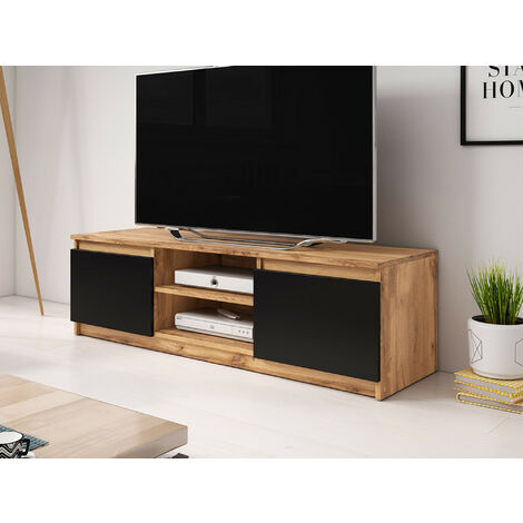 Bestmobilier – Meuble TV 120 cm – Panneau stratifié noir et bois – Style industriel contemporain – 2 portes et 2 niches – Résistant à l'humidité