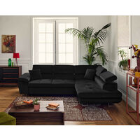 Bestmobilier – Canapé d'angle convertible 5 places – Coffre de rangement – Têtières réglables – Velours noir – Dimensions couchage 125x200 cm