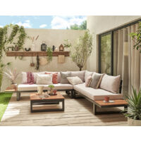 Bestmobilier – Salon de jardin modulable 5 places – Structure acier et bois acacia – Coussins déhoussables 100% polyester – Table rectangulaire 80x80cm