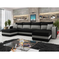 Bestmobilier – Canapé panoramique convertible 7 places avec coffre – Tissu bicolore noir et gris – Dimensions 313x127 cm – Dossier rabattable