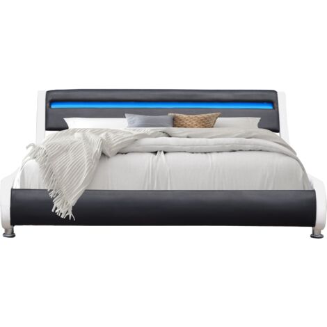 Lit ava pour matelas 90x190 - Sommier + Tête de Lit eclairage LED Incurve Couleur BLANC & NOIR + Pieds en 5 cm pour matelas - 13 Lattes - revetement PVC Simili facile d'entretien - Montage Rapide et F (1/4)