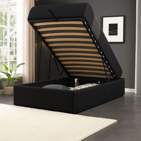 King Of Dreams – Lit coffre 90x190 cm gris – 12 lattes – Montage rapide – Revêtement PVC – Hauteur sommier 29 cm – Rangement pratique (1/3)