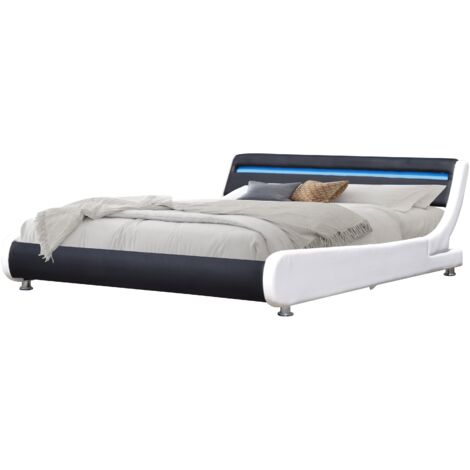 Lit ava pour matelas 140x200 - Sommier + Tête de Lit eclairage LED Incurve Couleur BLANC & NOIR + Pieds en 5 cm pour matelas - 2 x 13 Lattes - revetement PVC Simili facile d'entretien - Montage Rapide (1/4)