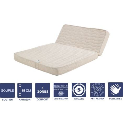 Matelas Souple Pour tous BZ + Alése 120x190 x 15 cm + Oreiller Visco avec contact avec contact Latex sur Face Hiver - Découpe Assise 60 cm - 5 zones de Confort - Face été et - Trés Respirant (1/5)