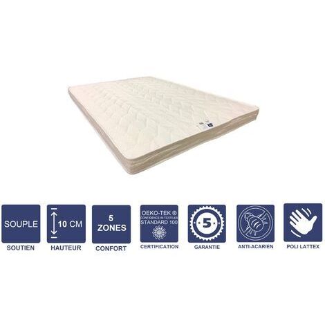 Matelas Souple avec contact latex + Alése 80x190 x 10 cm + Oreiller Visco - 5 zones de Confort - rembourrage 100 % polesther - âme 100 % polyuréthane poli lattex HR Derniére Génération - Trés Respiran (1/5)