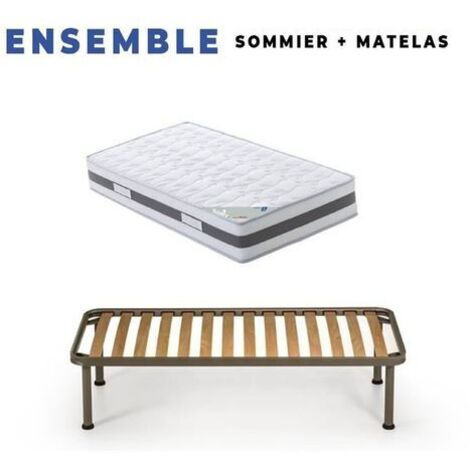 Matelas 80x190 x 23 cm + Sommier + pieds + Oreiller Mémoire + Protège Matelas Offerts avec contact latex densité 80 Kg/m3 - Tissu 100% Coton - Compatible Sommiers Articulés - Soutien Ferme (1/5)