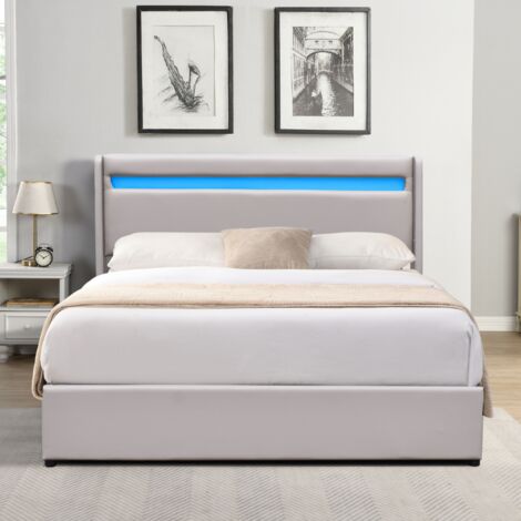 Nuits D'Or – Lit coffre dehoussable gris 140x200 cm – Tête de lit LED – 14 lattes en multiplis – Revêtement PVC facile d'entretien