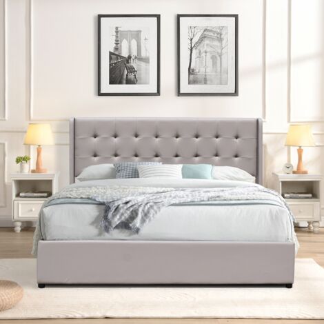 Nuits D'Or – Lit coffre 160x200 – Tête de lit capitonnée – 14 lattes en multiplis – Revêtement PVC facile entretien – Hauteur sommier 29 cm – Lit Trixie Gris (1/4)