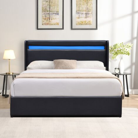 Nuits D'Or – Lit coffre dehoussable 160x200 cm – Tête de lit LED – 14 lattes – Sommier en MDF – Revêtement PVC facile entretien