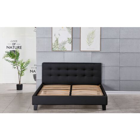 Lit 140x200 Solide et Confortable - Tête de Lit Capitonnée NOIR - Pieds 10 cm - 13 Lattes - Revêtement PVC Simili Facile d'entretien - Montage Rapide et Facile - LIT FREDERIC NOIR (1/4)