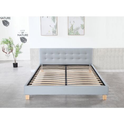 Lit 140x200 Confortable avec Sommier et Tête de Lit Capitonnée - Couleur GRIS - 13 Lattes - Revêtement PVC Simili - Montage Rapide et Facile - LIT FREDERIC GRIS (1/4)