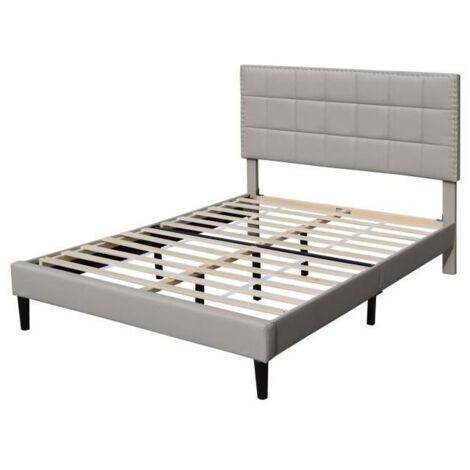 Lit 140x200 - Sommier + Tête de Lit Capitonnée BLANC - Pieds 16 cm - 13 Lattes - Revêtement PVC Simili - Montage Rapide - Confort Optimal - Design Élégant - LIT RILEY GRIS (1/3)