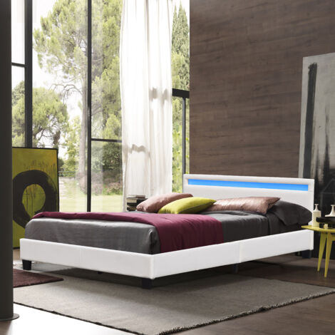 Lit 140x200 Solide et Confortable avec Sommier et Tête de Lit Éclairage LED - Pieds de 10 cm - 13 Lattes - Revêtement PVC Simili Facile d'Entretien - Montage Rapide et Facile - LIT ANGEL BLANC (1/5)