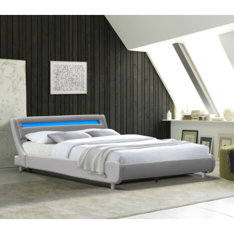 Lit 140x200 - Sommier + Tête de Lit Incurvee + Pieds de 5 cm - 13 Lattes - Revêtement PVC Simili - Montage Rapide et Facile - Lit Gina Gris (1/5)