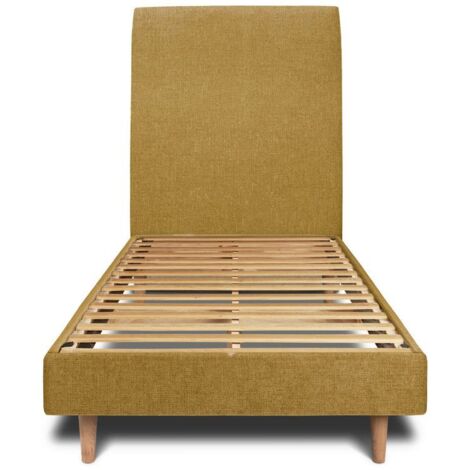 Lit 90x200cm avec tête de lit tapissier tissu et sommier kit jaune - Hauteur totale : 29cm (1/5)