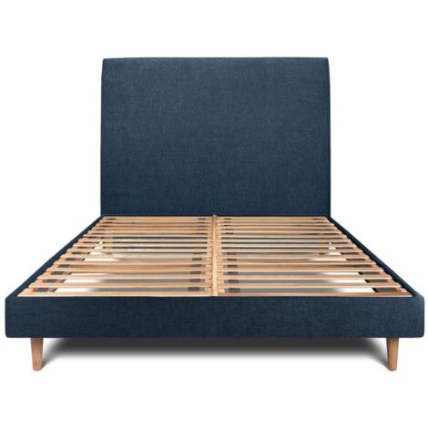 Lit 140x190cm avec tête de lit tapissier tissu et sommier kit Bleu - Hauteur totale : 29cm (1/5)
