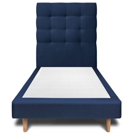 Lit 90x190cm avec tête de lit capitonnée velours et sommier tapissier Bleu - Hauteur totale : 29cm (1/4)