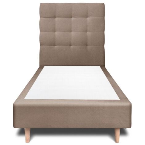 Lit 90x190cm avec tête de lit capitonnée velours et sommier tapissier taupe - Hauteur totale : 35cm (1/4)