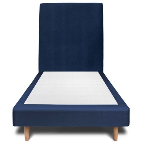 Lit 90x190cm avec tête de lit tapissier velours et sommier tapissier Bleu - Hauteur totale : 29cm (1/4)