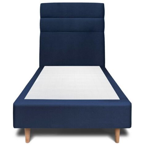 Lit 90x190cm avec tête de lit lignes velours et sommier tapissier Bleu - Hauteur totale : 35cm (1/4)
