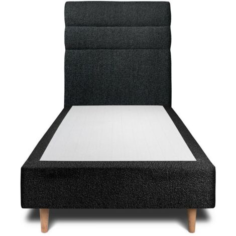 Lit 90x190cm avec tête de lit lignes bouclette et sommier tapissier Noir - Hauteur totale : 35cm (1/4)