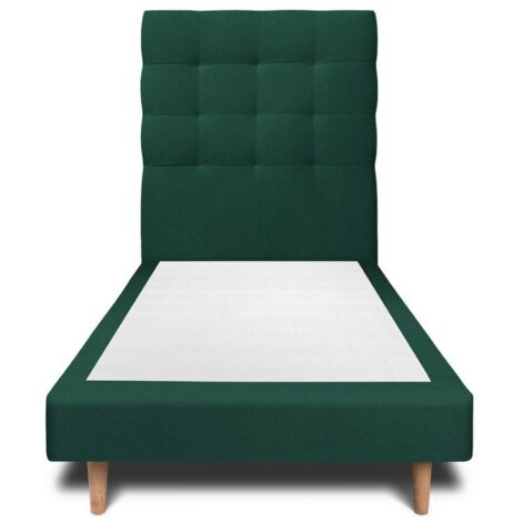 Lit 90x190cm avec tête de lit capitonnée velours et sommier tapissier vert - Hauteur totale : 29cm (1/4)