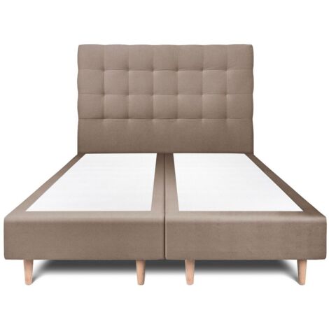 Lit 180x200cm avec tête de lit capitonnée velours et double sommier tapissier taupe - Hauteur totale : 35cm (1/5)
