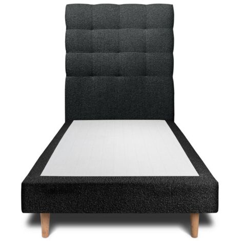 Lit 90x190cm avec tête de lit capitonnée bouclette et sommier tapissier Noir - Hauteur totale : 29cm (1/4)
