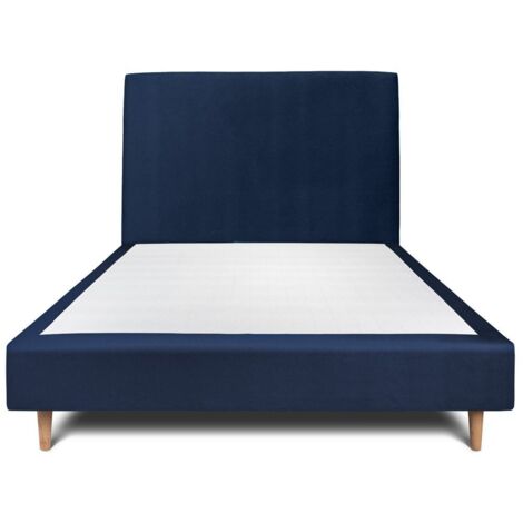 Lit 135x190cm avec tête de lit tapissier velours et sommier tapissier Bleu - Hauteur totale : 35cm (1/5)
