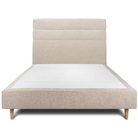 Lit 135x190cm avec tête de lit lignes tissu et sommier tapissier beige brun - Hauteur totale : 35cm (1/5)