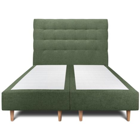 Lit 180x200cm avec tête de lit capitonnée tissu et double sommier tapissier vert - Hauteur totale : 35cm (1/5)