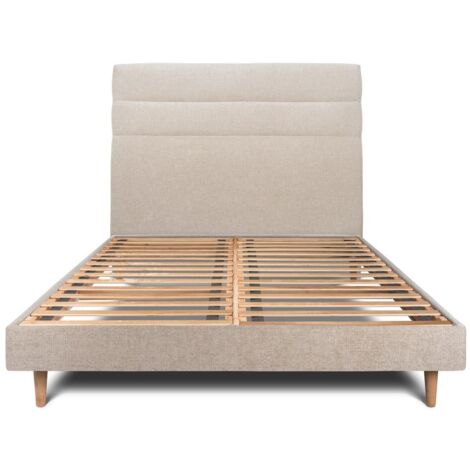 Lit 140x190cm avec tête de lit lignes tissu et sommier kit beige brun - Hauteur totale : 29cm (1/5)