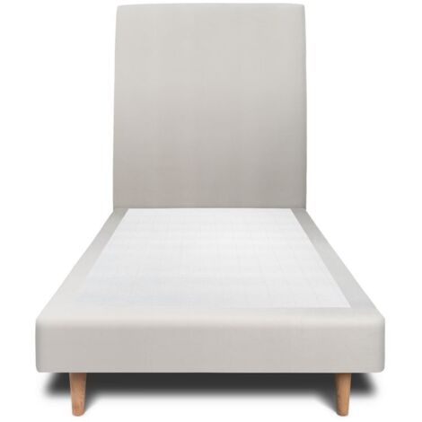Lit 90x200cm avec tête de lit tapissier velours et sommier tapissier gris clair - Hauteur totale : 29cm (1/4)