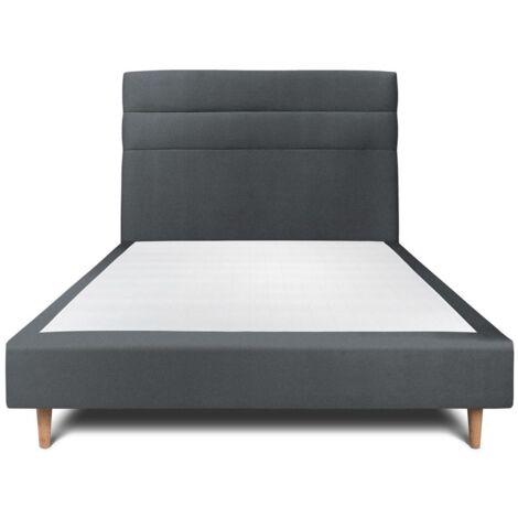Lit 135x190cm avec tête de lit lignes velours et sommier tapissier gris anthracite - Hauteur totale : 35cm (1/5)