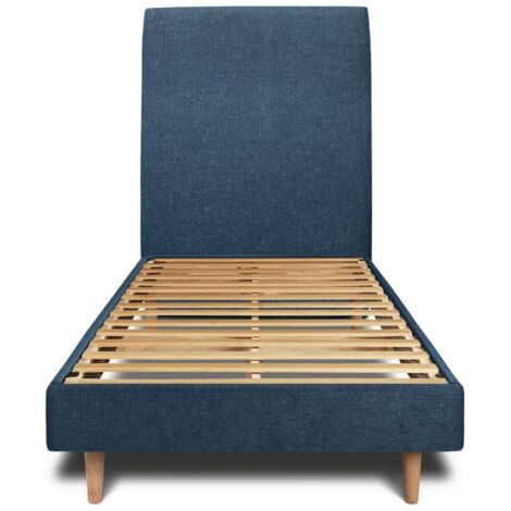 Lit 90x200cm avec tête de lit tapissier tissu et sommier kit Bleu - Hauteur totale : 29cm (1/5)