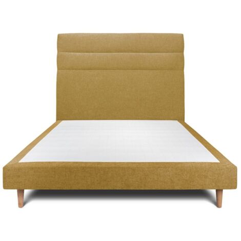 Lit 160x200cm avec tête de lit lignes tissu et sommier tapissier jaune - Hauteur totale : 29cm (1/5)